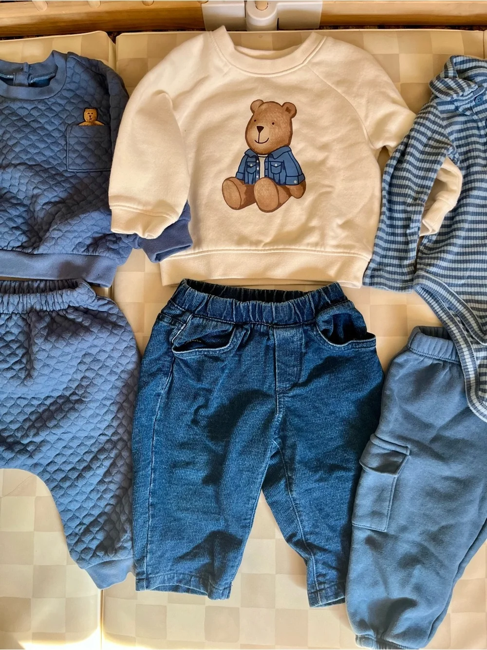 NWOT 3 Baby Gap matching sets - Blue sweatshirts, sweatpants, jeans, onesie